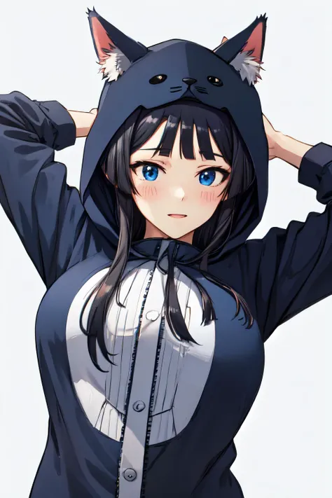 <lora:Mogami:1> MogamiDef, black hair, long hair, blush, bangs, blue eyes, sidelocks, blunt bangs, arms behind head, arms up, animal ears, cat ears, hood, hoodie, animal hood, animal costume, cat hood, cat costume, pajamas, cat tail, looking at viewer, simple background, solo, upper body, 1girl, white background, from below, big breast, happy, <lora:Concept_Pajamas:1>