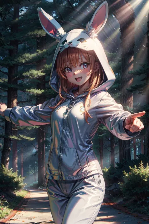 (volumetric lighting, Highres), (Detailed Illustration), Ultra-Detailed, 8k, nsfw, (detailed background, complex background:1.2), PajamAnimal, 1girl, solo, blush, animal ears, bunny ears, hood, hoodie, animal hood, animal costume, bunny hood, bunny costume, pajamas, bunny tail, cowboy shot, outstretched arms, dynamic pose, looking at viewer, forest, sunlight, cloudy, laughing, <lora:Concept_Pajamas:1> <lora:add_detail:.6> <lora:hairdetailer:0.6>