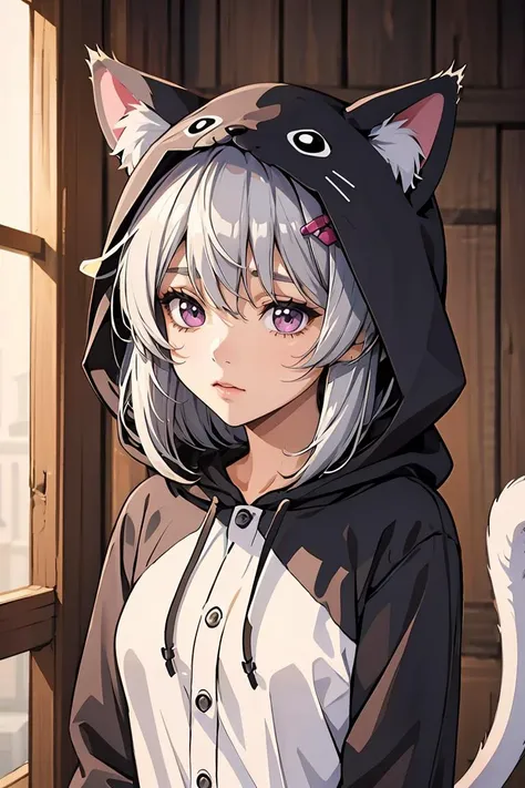 (masterpiece, best quality), 1girl, Dark Violet Low Bun with Pearl Hairpin, <lora:Concept_Pajamas:0.8> PajamAnimal, animal ears, grey hair, cat ears, hood, hoodie, animal hood, animal costume, cat hood, cat costume, pajamas, cat tail, animal ears, grey hair, dog ears, hood, hoodie, animal hood, animal costume,