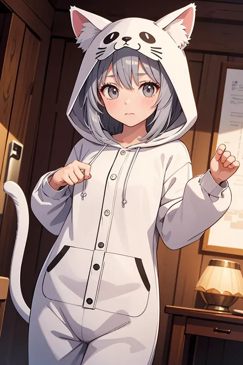 (masterpiece, best quality), 1girl, Papaya Messy Comb-Over with, <lora:Concept_Pajamas:0.8> PajamAnimal, animal ears, grey hair, cat ears, hood, hoodie, animal hood, animal costume, cat hood, cat costume, pajamas, cat tail, animal ears, grey hair, dog ears, hood, hoodie, animal hood, animal costume,