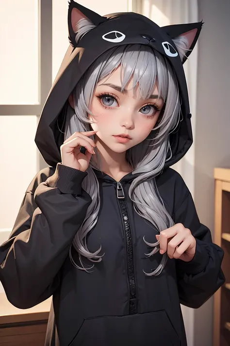 (masterpiece, best quality), 1girl, Deep Plum Low Bun with Decorative Hair Stick, <lora:Concept_Pajamas:0.8> PajamAnimal, animal ears, grey hair, cat ears, hood, hoodie, animal hood, animal costume, cat hood, cat costume, pajamas, cat tail, animal ears, grey hair, dog ears, hood, hoodie, animal hood, animal costume,