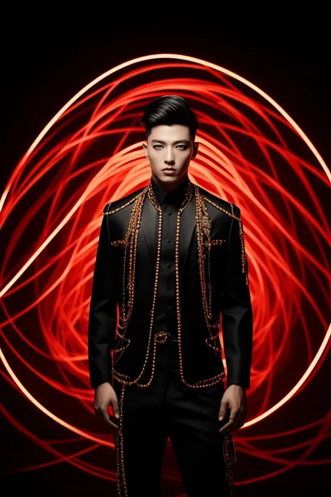 ((masterpiece)), ((best quality)), 8k, high detailed, ultra-detailed, photo,  xsfashion, 1boy,neon fashion, <lora:XS_fashionV2:0.5>