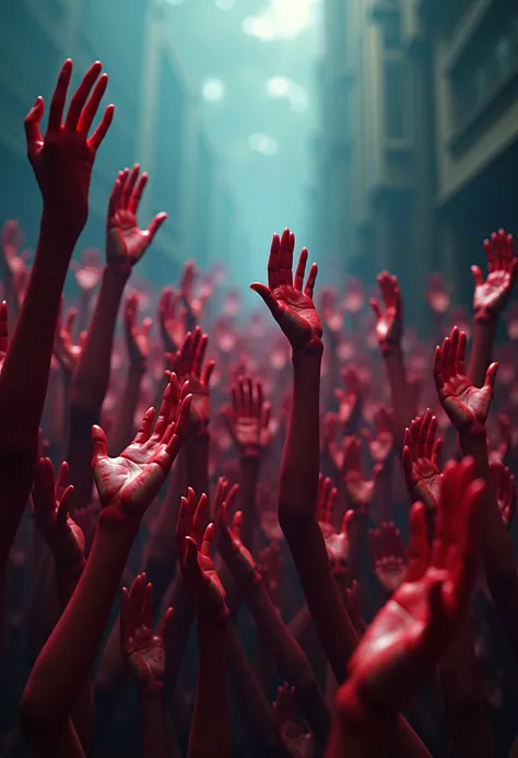 thousands of ghastly bloody hands raise slowly in the air, with intricate textures and vibrant colors. The scene should include a rich variety of elements, each contributing to the overall atmosphere. Lighting should be soft, diffused, and natural, enhancing the depth and realism of the scene. The mood is to be calm yet vibrant, creating a sense of serenity and wonder. Every detail in the scene should be meticulously rendered, emphasizing the contrast between light and shadow, and capturing the fine textures and subtle gradients. The color palette should be carefully chosen to evoke emotion, with each hue enhancing the aesthetic appeal of the overall composition. The final image should be immersive and captivating, drawing the viewer into its intricately detailed world.