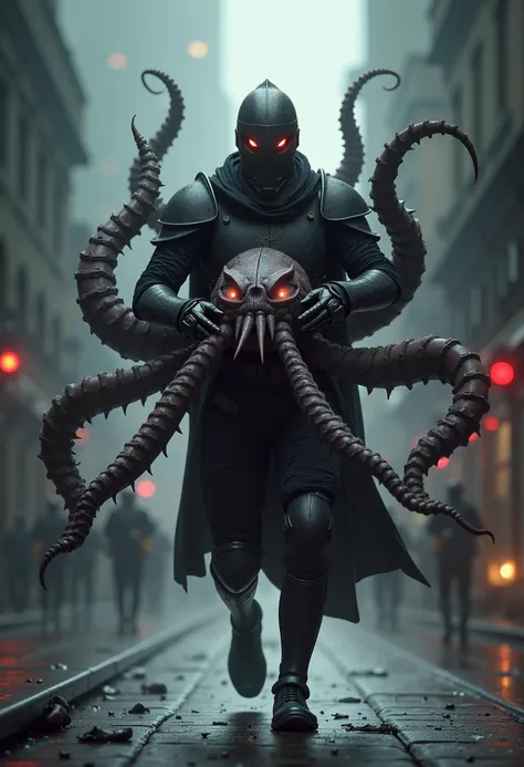 futuristic robot cyborg, dark depressing fantasy art, a futuristic cyborg knight hugging with arms around a large angry squid, running through town,