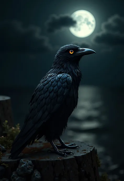 raven, under the light of a full moon, the detailed textures of the raven's feathers and the girl's clothing, combined with the cloudy sky, enhance the mystical and haunting atmosphere,Sculpture with intricate crystalline textures: A small, adorable creature with large, expressive eyes and delicate with intricate textures and vibrant colors. The scene should include a rich variety of elements, each contributing to the overall atmosphere. Lighting should be soft, diffused, and natural, enhancing the depth and realism of the scene. The mood is to be calm yet vibrant, creating a sense of serenity and wonder. Every detail in the scene should be meticulously rendered, emphasizing the contrast between light and shadow, and capturing the fine textures and subtle gradients. The color palette should be carefully chosen to evoke emotion, with each hue enhancing the aesthetic appeal of the overall composition. The final image should be immersive and captivating, drawing the viewer into its intricately detailed world.