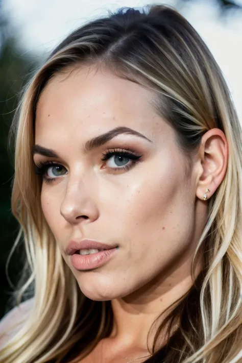 face shot of maxxineD1 , (serious look), (blonde medium length hair), (hand on chin), Photorealistic, Hyperrealistic, Hyperdetailed, analog style, hip cocked, demure, detailed skin, matte skin, soft lighting, subsurface scattering, realistic, heavy shadow, masterpiece, best quality, ultra realistic, 8k, golden ratio, Intricate, High Detail, film photography, soft focus, detailed skin texture, (blush:0.5), (goosebumps:0.5), subsurface scattering