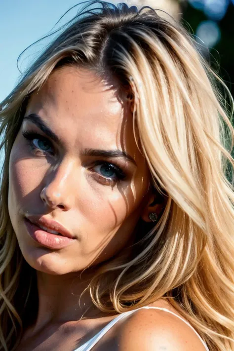 A realistic cinematic image of a blonde woman with big lips and big breasts,, Ela está em um ambiante urbano iluminação suave que destaca seu rosto e corAfter. His muscular arms and contoured abs are visible, enquanto ela Aftersa com confiança e glamour. (totalmente corAfter)"After,,,,,,,,,,,,,,,,,,,,,Photography by TJ Drysdale. Fontal shot, Low angle camera. Retrato de corAfter inteiro.