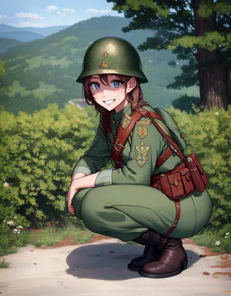 wargirls, 1girl, smile, world war i, trench, war,  masterpiece, best quality, very detailed, helmet, full body, squatting, soldier <lora:wargirls:1>