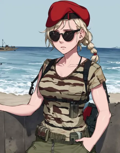 wargirls, 1girl, striped tank top, braid, cleavage, red beret, sunglasses, short hair, sad, sniper rifle, short sleeves, fallout new vegas, masterpiece, best quality, very detailed, blonde hair, ocean, <lora:wargirls:1>