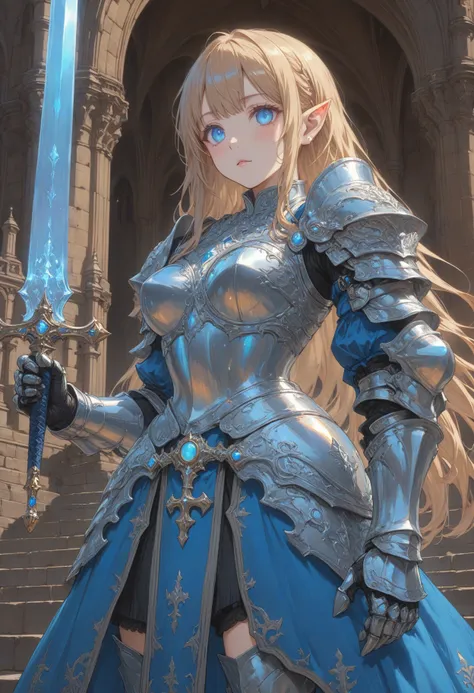 1girl, girl knight, blunt bangs, hime cut, pointy ears, [pearl:opal:0.5], very aesthetic, masterpiece, best quality, hyper detailed, ultra detailed, UHD, perfect anatomy, on the steps of Hohenzollern Castle,
sword, dazzling ,transparent, waving sword, burnished silver, steel armor, shine armor, dazzling armor,
detailed Illustration, official artwork, wallpaper, official art, extremely detailed eyes and face, beautiful detailed eyes, blue eyes,
<lora:FantasyKnightsHKStyle:0.4>, HKStyle,
<lora:Final_Fantasy_Tactics_XLv2:0.4>,
<lora:add-detail-xl:0.75>,
<lora:quality1:0.75>,
<lora:extremely_detailed:0.6>, extremely detailed,
<lora:IOS_Iridescent_opal_style:0.4>