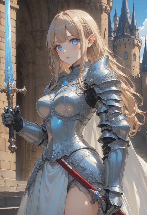 1girl, girl knight, blunt bangs, hime cut, pointy ears, [pearl:opal:0.5], very aesthetic, masterpiece, best quality, hyper detailed, ultra detailed, UHD, perfect anatomy, on the steps of Hohenzollern Castle,
sword, dazzling ,transparent, waving sword, burnished silver, steel armor, shine armor, dazzling armor,
detailed Illustration, official artwork, wallpaper, official art, extremely detailed eyes and face, beautiful detailed eyes, blue eyes,
<lora:FantasyKnightsHKStyle:0.4>, HKStyle,
<lora:Final_Fantasy_Tactics_XLv2:0.4>,
<lora:add-detail-xl:0.75>,
<lora:quality1:0.75>,
<lora:extremely_detailed:0.6>, extremely detailed,
<lora:IOS_Iridescent_opal_style:0.4>