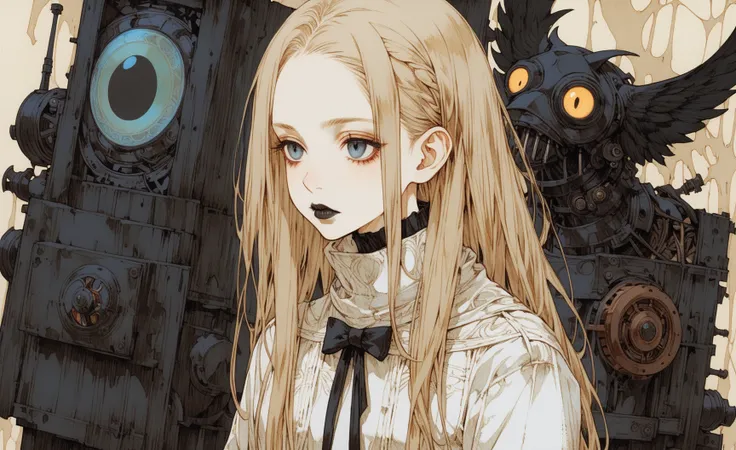 <lora:Final_Fantasy_Tactics_XLv2:1> woman, fine white clothes, curiosity. Cute, shy, expressive eyes, full body shot, dark eyes, ancient mechanical devices in the background, Emily Balivet, Tim Blandin, James C. Christensen, Carne Griffiths, (1girl, portrait:0.5), goth, EGirlMakeup, eyeshadow, eyeliner, black lipstick