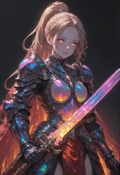 1girl, beatiful face, no headwear, (high ponytail:1.4), [ruby:opal:0.5], amazing quality, masterpiece, best quality, hyper detailed, ultra detailed, UHD, perfect anatomy,
girl knight, holding a sword, dazzling ,transparent, waving sword, bismuth armor, glowing armor, glowing eyes, shine armor, dazzling armor,
<lora:HKStyle:0.4>, HKStyle,
<lora:Final_Fantasy_Tactics_XLv2:0.4>,
<lora:add-detail-xl:0.75>,
<lora:quality1:0.75>,
<lora:extremely_detailed:0.6>, extremely detailed,
<lora:IOS_Iridescent_opal_style:0.6>