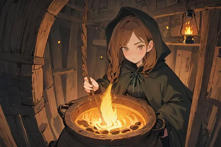 <lora:FFTJobs XL:1> witch brewing potions in a bug cauldron, inside a wooden shaft, detailed face, (masterpiece),  best quality, highres, 4k, 8k, Detailed Illustration, intricate detail, cinematic lighting, amazing quality, 1girl, fit female, amazing shading, soft lighting, facing camera, perfect eyes