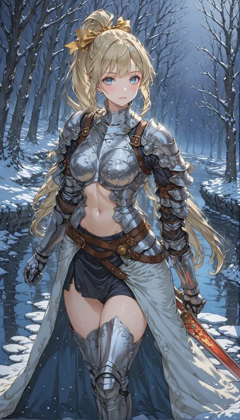 <lora:Final_Fantasy_Tactics_XLv2:0.6> <lora:yukihiro_kajimoto_so2r_xl:0.8> <lora:IOS_Iridescent_opal_style:0.6> a female knight in armor, armpits, underboob, navel cutout, hime cut, high ponytail, platinum blonde hair, 8k, intricate detail, cinematic lighting, amazing quality, amazing shading, detailed Illustration, wallpaper, official art, extremely detailed eyes and face, beautiful detailed eyes, burnished silver, gold ribbon-trimmed sleeves, on a frozen lake, snowing, ((masterpiece, best quality)), dutch angle, (thigh gap)