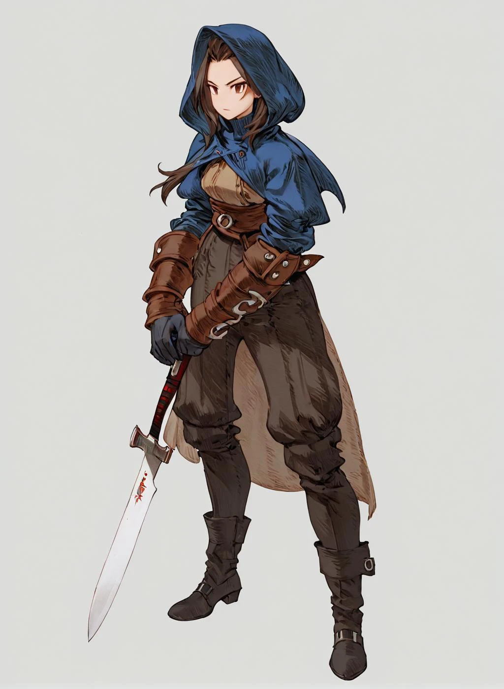a female <lora:Final_Fantasy_Tactics_XLv2:1> white background, full body, (masterpiece), best quality, highres, 4k, 8k, cinematic lighting, amazing quality, amazing shading, soft lighting, thief holding a knife
