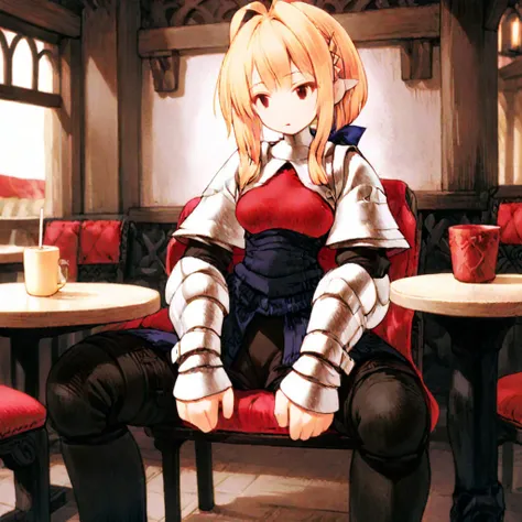 (rabbit girl)(best quality,high resolution, masterpiece:1.2), female focus, (girl sitting in a tabern:1.6), (one girl:1.5), (free hands), beautiful eyes, (white hair:1), detailed eyes, (rabbit ears), (red eyes:1.2), white cloak, big smile, open mouth, fleshy lips, hair ornament, beer tankard, leather armor, Clothes made of tanned leather, armored minidress, detached sleeves, wrist guard, white thighhighs, shin guards, armoed boots, perfect quality, good quality, masterpiece, (arms crossed1.2), looking at the viewer, Prepare-se para mergulhar em um mundo onde a beleza e o artesanato se fundem perfeitamente, anatomically correct. ultra nitidez
