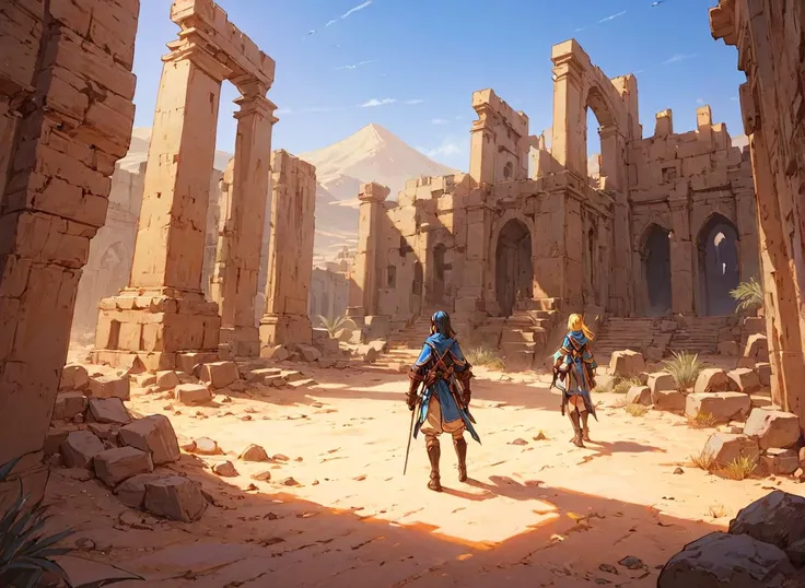 <lora:Final_Fantasy_Tactics_XLv2:1> adventurers exploring some ruins in the middle of the desert, (masterpiece), best quality, highres, 4k, 8k, intricate detail, cinematic lighting, amazing quality, amazing shading, soft lighting, Detailed Illustration, official artwork, anime style, wallpaper, official art