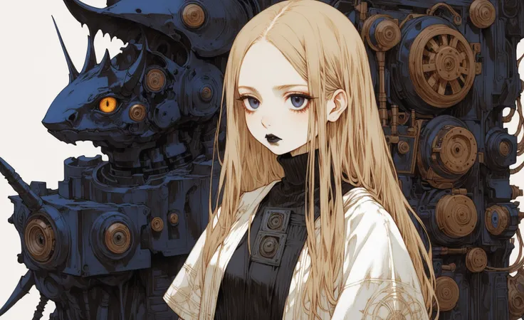 <lora:Final_Fantasy_Tactics_XLv2:1> woman, fine white clothes, curiosity. Cute, shy, expressive eyes, full body shot, dark eyes, ancient mechanical devices in the background, Emily Balivet, Tim Blandin, James C. Christensen, Carne Griffiths, (1girl, portrait:0.5), goth, EGirlMakeup, eyeshadow, eyeliner, black lipstick