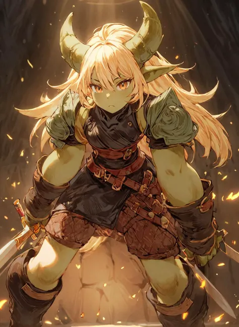 <lora:Final_Fantasy_Tactics_XLv2:1> a female, (masterpiece), best quality, highres, 4k, 8k, intricate detail, cinematic lighting, amazing quality, amazing shading, soft lighting, Detailed Illustration, official artwork, anime style, wallpaper, official art, ogre, fighter