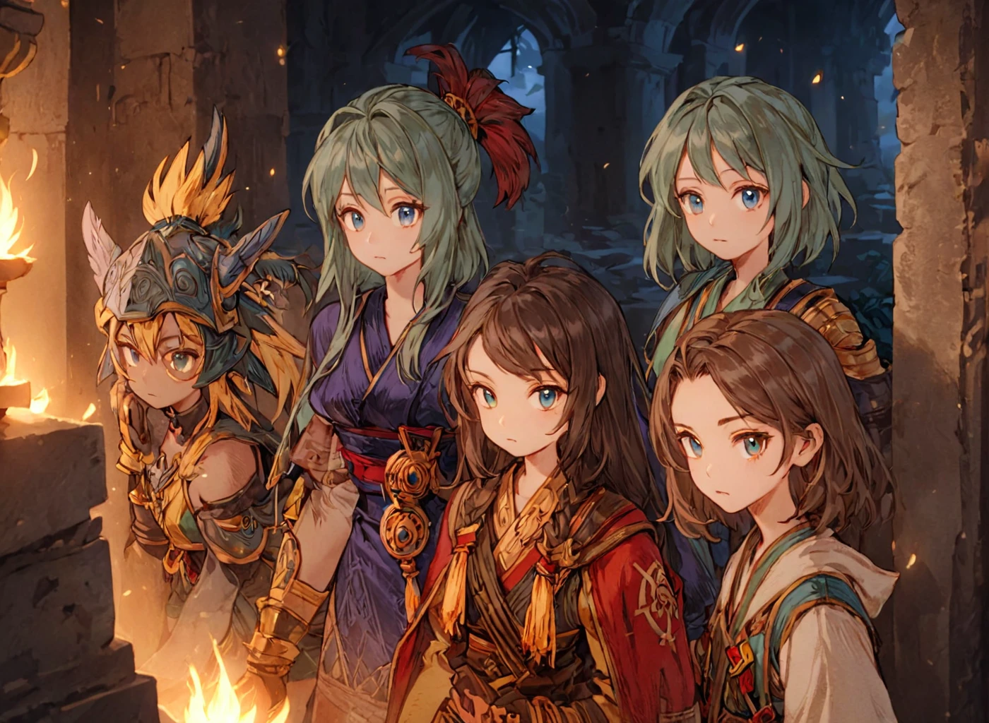 <lora:Final_Fantasy_Tactics_XLv2:1> a group of adventurers exploring some temple ruins, (masterpiece), best quality, highres, 4k, 8k, intricate detail, cinematic lighting, amazing quality, amazing shading, soft lighting, Detailed Illustration, official artwork, anime style, wallpaper, official art, ultra detailed skin, ultra detailed face, perfect eyes, small skin imperfections