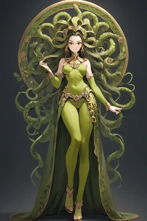 
A young 15- yr Medusa's girl with European face features, cahrming face, perfect fullbody details, having large snake pet, with a snake body and hairs, (wavy hairstyles green citrine colors), ( having a dark skin tone texture masterpiece ), ( with many different poses, illuminating background crystalized radiance all overLarge breasts, Covering Ears, Blush, Smile, Expressions, Nervous Smile, Crazy, Amber Eyes, ???? Invitation, Very Long Hair, viper Green Hair, Floating Hair, Wavy Hair, Tentacle Hair, Multiple Views, Tachi-e, Isometric View, Rotational Symmetry, Reference Sheet, Perspective, Collage, Fujifilm, Mole Under Mouth, Snake Hair Ornament, Bandage On, Hyperrealism, Cinematography, 