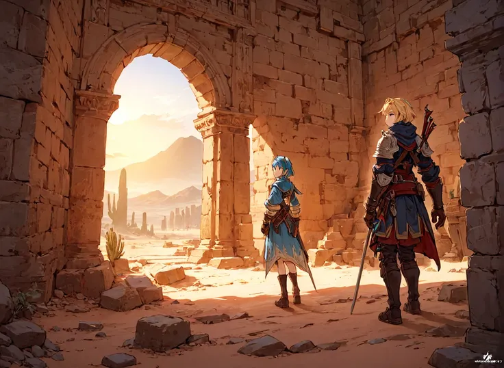 <lora:Final_Fantasy_Tactics_XLv2:1> adventurers exploring some ruins in the middle of the desert, (masterpiece), best quality, highres, 4k, 8k, intricate detail, cinematic lighting, amazing quality, amazing shading, soft lighting, Detailed Illustration, official artwork, anime style, wallpaper, official art