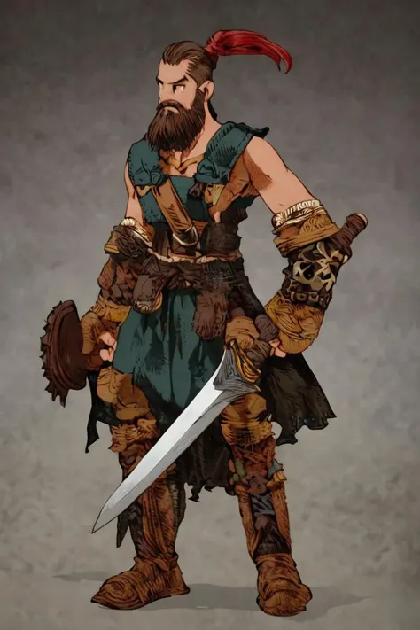 Solo Sexy young anthro scalie dragon male mercenary medieval solider, slim endomorph muscular, anthro handsome gay shorter muzzle, handsome gay model male apperance, sword scars, worn out leather skimpy armament, low on hips heavy leather belt, old very worn out skimpy dirty linen material jockstrap, old yellow dirty worn out stains on white sawn jockstrap, very visible "x" brown seam pattern on the jockstrap, studded skimpy armlets breastplate armor, skimpy breastplate, leather bondages, fingerless leather gloves, smelly unwashed husk, dirty body look, desert battlefield, standing in sexy fighting position, close view of full character