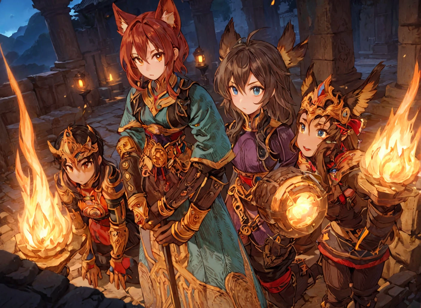 <lora:Final_Fantasy_Tactics_XLv2:1> a group of adventurers exploring some temple ruins, (masterpiece), best quality, highres, 4k, 8k, intricate detail, cinematic lighting, amazing quality, amazing shading, soft lighting, Detailed Illustration, official artwork, anime style, wallpaper, official art, ultra detailed skin, ultra detailed face, perfect eyes, small skin imperfections