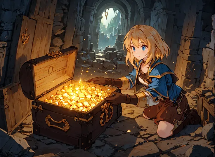 <lora:Final_Fantasy_Tactics_XLv2:1> adventurers opening an old treasure chest full of gold and jewels in some dark ruins, (masterpiece), best quality, highres, 4k, 8k, intricate detail, cinematic lighting, amazing quality, amazing shading, soft lighting, Detailed Illustration, official artwork, anime style, wallpaper, official art