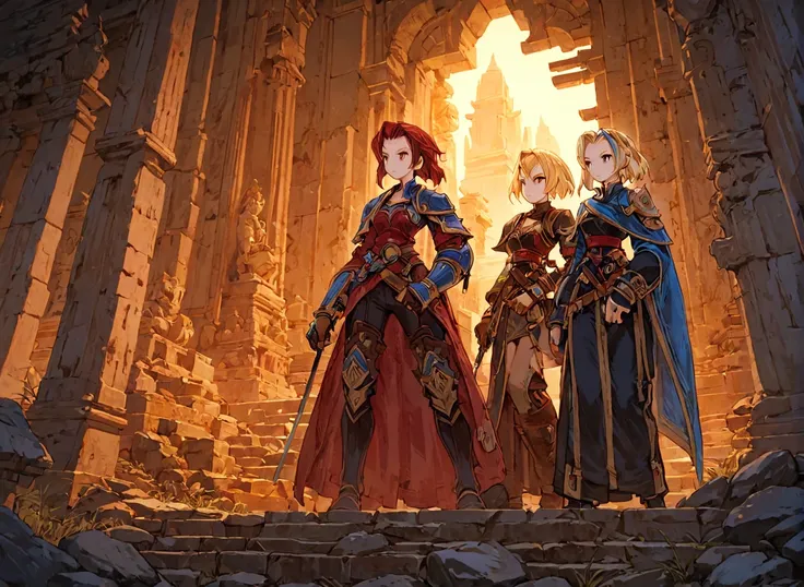 <lora:Final_Fantasy_Tactics_XLv2:1> adventurers exploring some temple ruins, (masterpiece), best quality, highres, 4k, 8k, intricate detail, cinematic lighting, amazing quality, amazing shading, soft lighting, Detailed Illustration, official artwork, anime style, wallpaper, official art
