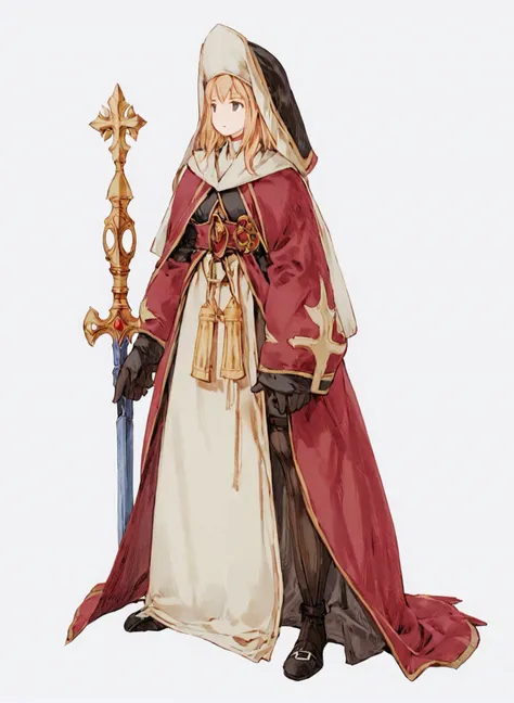 a female <lora:Final_Fantasy_Tactics_XLv2:1> white background, full body, (masterpiece), best quality, highres, 4k, 8k, cinematic lighting, amazing quality, amazing shading, soft lighting, <lora:Saint XL:0.75> saint, wearing cleric robes and stockings