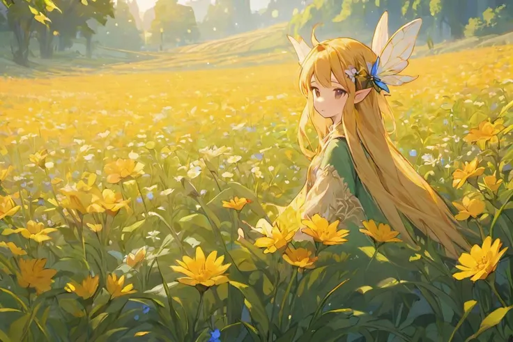 <lora:FFTJobs XL:1> faery in a flower field, game art style, (masterpiece), best quality, highres, 4k, 8k, Detailed Illustration, intricate detail, cinematic lighting, amazing quality, 1girl, fit female, amazing shading, soft lighting, facing camera, perfect eyes