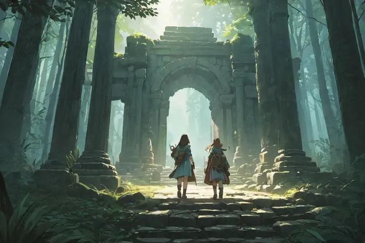 <lora:FFTJobs XL:1>small group of adventurers exploring temple ruins in the forest, artistry illustration, (masterpiece), best quality, highres, 4k, 8k, Detailed Illustration, intricate detail, cinematic lighting, amazing quality, 1girl, fit female, amazing shading, soft lighting, facing camera, perfect eyes