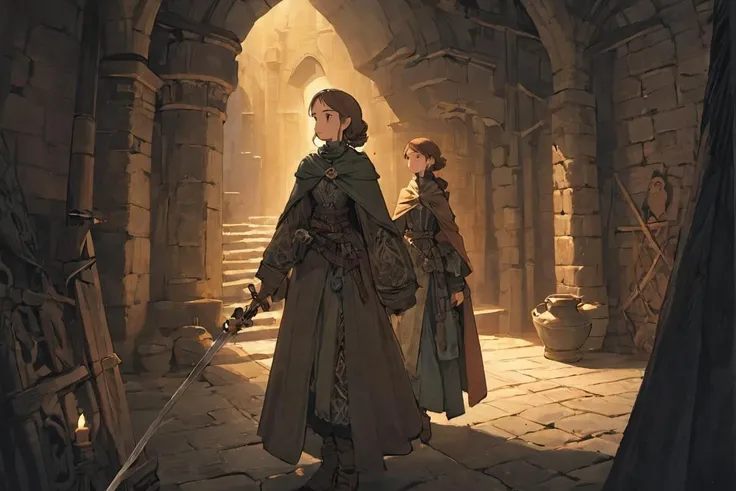 <lora:FFTJobs XL:1>small group of adventurers exploring a dungeon, artistry illustration, (masterpiece), best quality, highres, 4k, 8k, Detailed Illustration, intricate detail, cinematic lighting, amazing quality, 1girl, fit female, amazing shading, soft lighting, facing camera, perfect eyes