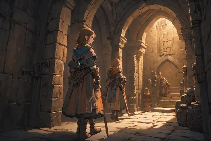 <lora:FFTJobs XL:1>small group of adventurers exploring a dungeon, artistry illustration, (masterpiece), best quality, highres, 4k, 8k, Detailed Illustration, intricate detail, cinematic lighting, amazing quality, 1girl, fit female, amazing shading, soft lighting, facing camera, perfect eyes