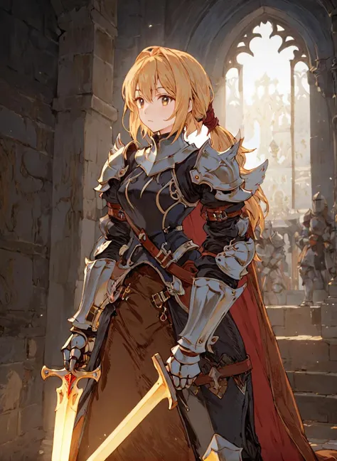 <lora:Final_Fantasy_Tactics_XLv2:1> a female, (masterpiece), best quality, highres, 4k, 8k, intricate detail, cinematic lighting, amazing quality, amazing shading, soft lighting, Detailed Illustration, official artwork, anime style, wallpaper, official art, knight