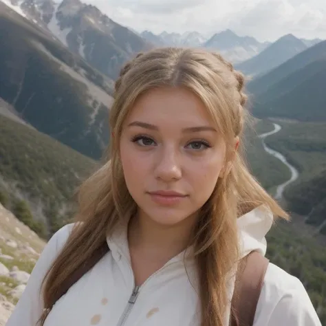 a portrait photo of a beautiful young woman in a mountains hiking, looking at viewer, <lora:breckiehillv2:1> breckie_hill_new
