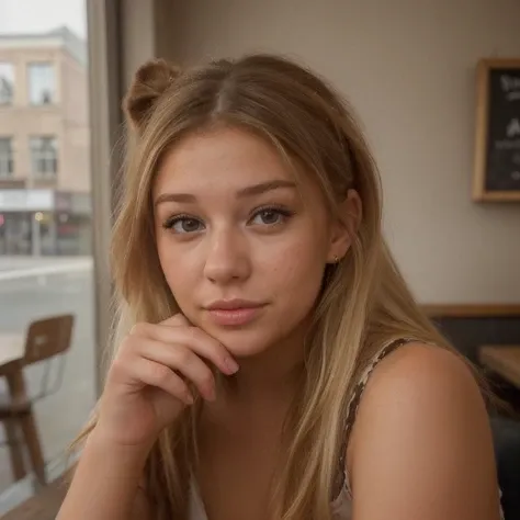 a portrait photo of a beautiful young woman in a coffee shop, looking at viewer, <lora:breckiehillv2:1> breckie_hill_new