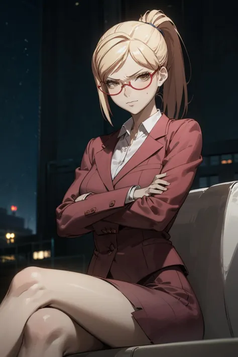 (extremely detailed fine touch:1.2),masterpiece, best quality,
Akiyama_K,1 girl, looking at viewer, swept bang,ponytail,blonde hair,red glasses,collared white shirt, red jacket, red skirt suit ,crossed legs, sitting, cute angry, closed mouth, smirk, crossed arms, outdoors,night sky,city background,
<lora:Akiyama_Kaede-07:0.7>