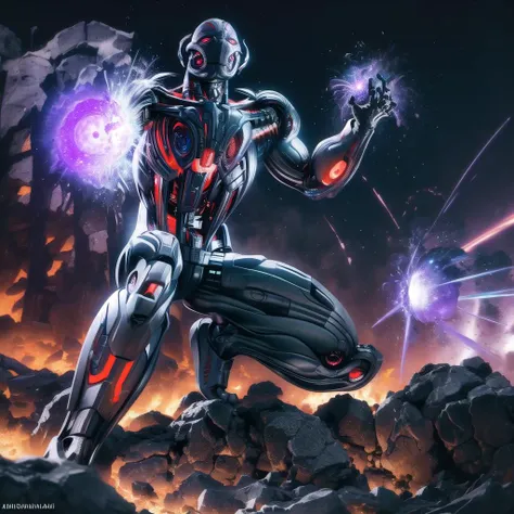 ultron, solo, side view, unleashing energy blast, destructive power, shockwave, devastating attack, annihilation, intricate details, masterpiece, absurdres, best quality <lora:ultronPrime-000020:0.9>