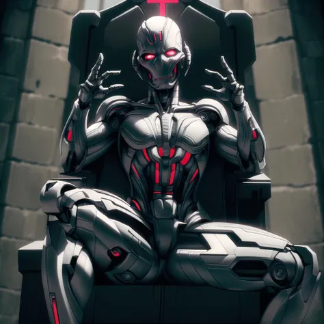 ultron, medium breasts, solo, sitting, throne, villain, robotic, female focus, bald, church, spread legs, intricate details, masterpiece, absurdres, best quality, from front, full body <lora:ultronPrime-000020:0.65>