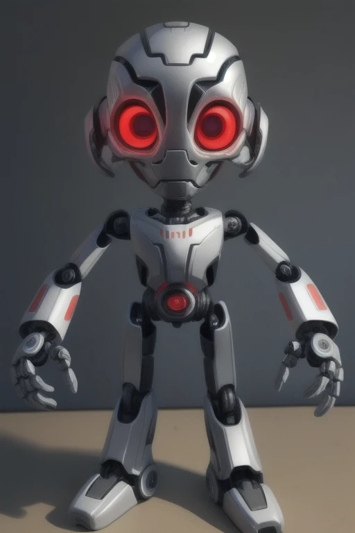 1boy, (old-fashioned toy robot:1.2), tiny, (tinker toys:1.1), ish, male focus, solo, ultron, robotic, no humans, robot, glowing red eyes, younger, large eyes, large head, toy-like, plastic, chibified, BREAK masterpiece, highly detailed, simplified robotics,