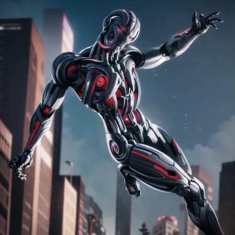 ultron, solo, dynamic angle, leaping into action, mid-air kick, acrobatic agility, fast-paced movement, kinetic energy, intricate details, masterpiece, absurdres, best quality <lora:ultronPrime-000020:0.7>