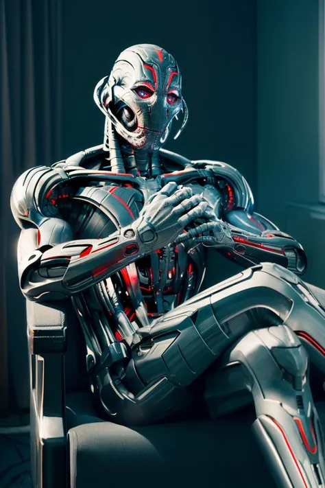 masterpiece, (ultron), sitting, (vintage armchair), looking at viewer, (fashion magazine cover), text, photorealistic, octance, rtx, <lyco:ultronPrime-000020:0.9>