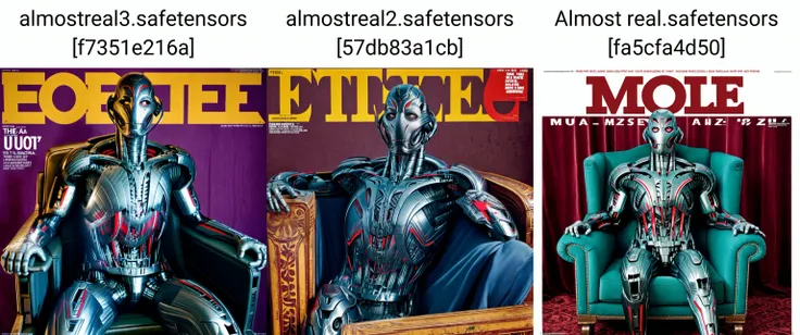 masterpiece, (ultron), sitting, (vintage armchair), looking at viewer, (fashion magazine cover), text, photorealistic, octance, rtx, <lyco:ultronPrime-000020:0.9>