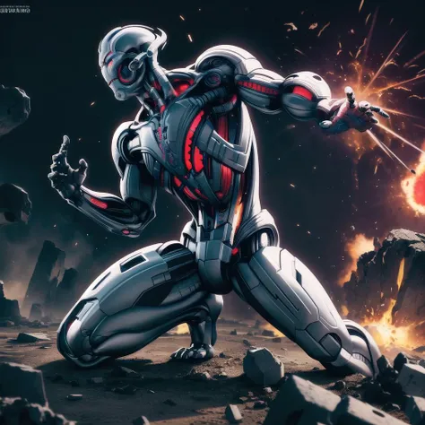 ultron, solo, side view, attacking, laser beams, shattered debris, explosive action, dynamic motion, destructive force, intricate details, masterpiece, absurdres, best quality <lora:ultronPrime-000020:0.7>