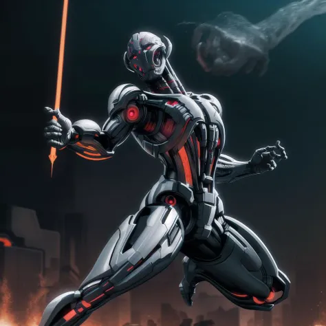 ultron, solo, frontal view, wielding a weapon, energy sword, glowing blades, combat stance, skilled warrior, battle mastery, intricate details, masterpiece, absurdres, best quality <lora:ultronPrime-000020:0.7>