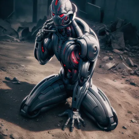 ultron, solo, high angle, kneeling, intense, battle-ready, ruins, post-apocalyptic, war, machinery, intricate details, masterpiece, absurdres, best quality <lora:ultronPrime-000020:0.8>