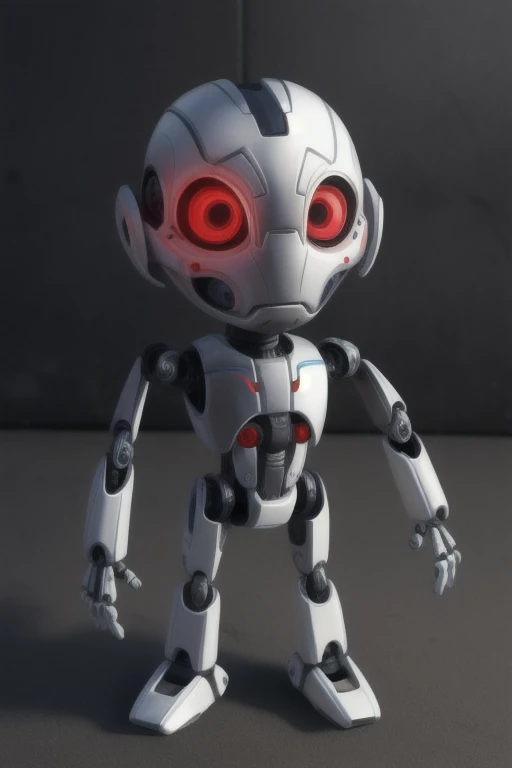 1boy, (old-fashioned toy robot:1.2), tiny, (tinker toys:1.1), ish, male focus, solo, ultron, robotic, no humans, robot, glowing red eyes, younger, large eyes, large head, toy-like, plastic, chibified, BREAK masterpiece, highly detailed, simplified robotics,